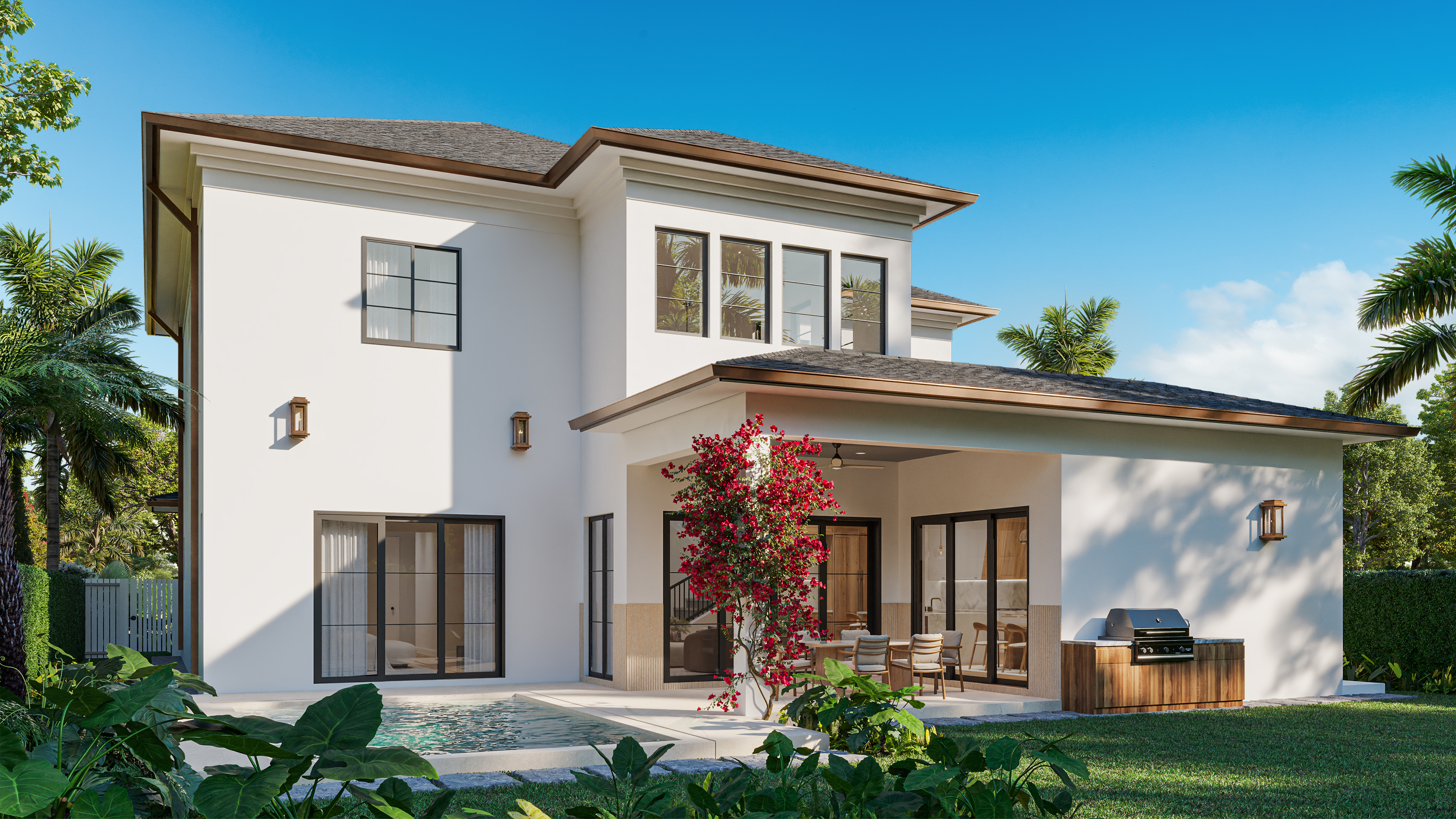 Full rear exterior color rendering of the Putnam Ranch residence